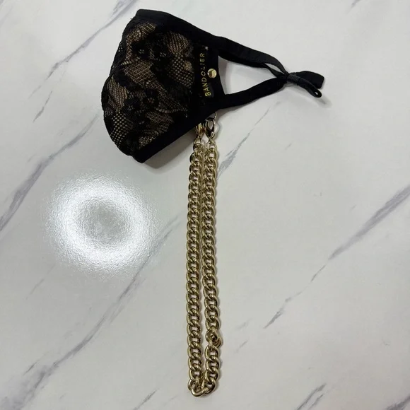 NWOT Bandolier Lace Sophie Face Mask Gold Chain Black Beige Adjustable Ear Loops - Picture 7 of 11